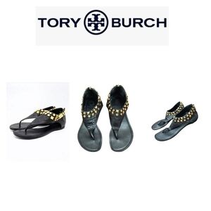 Tory Burch black gladiator gold stud sandal in lamb leather size 7.5